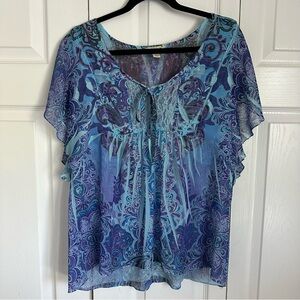 Live and Let Live Womens Blue Lace Top Sz PL Boho Peasant Hippie Festival Artsy